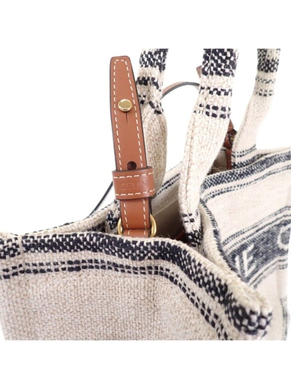 Celine Small Cabas Thais Jacquard Shoulder Bag Tote Cotton Calfskin White Navy - Picture 10 of 14